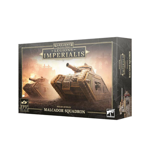 The image shows a product box for "Games Workshop LEGIONS IMPERIALIS: MALCADOR SQUADRON." The box features an illustration of two heavily armored Malcador battle tanks in a battle scene with explosions in the background. The text "Solar Auxilia Malcador Squadron" is displayed at the bottom of the box.