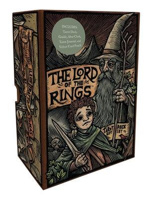 A boxed set titled "The Lord of the Rings™ Tarot Deck and Guide Gift Set" by Insight Editions. The box features illustrated characters, a hobbit holding a sword, and a wizard with a staff. The design has woodcut-style artwork and text indicating it includes Middle-earth tarot cards, a guidebook, altar cloth, tarot journal, and velvet card pouch.