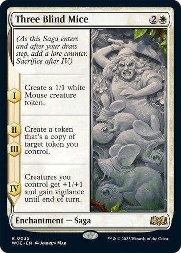 The Magic: The Gathering card "Three Blind Mice [Wilds of Eldraine]" is a rare Enchantment — Saga. It depicts a panicked man riding giant mice, outlined in white and silver, with four unique saga stages involving mouse tokens and creature enhancements.