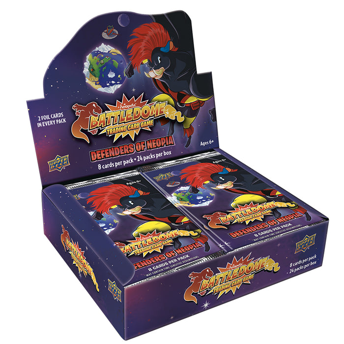 Display box of trading card game packs for "NEOPETS BATTLEDOME (TRADING CARD GAME): DEFENDERS OF NEOPIA BOOSTER" by Upper Deck featuring cartoon superhero characters on the packaging. The box contains 24 booster packs, each with 8 cards, and includes 2 foil cards in every pack. Inspired by the Neopets Battledome, this game is perfect for ages 6 and up.