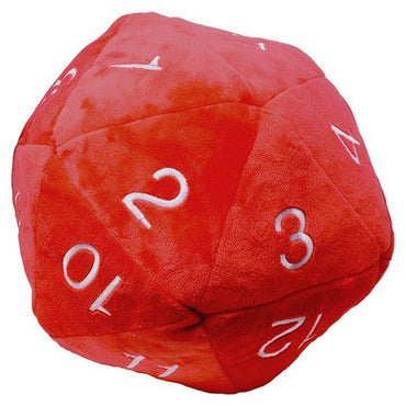 The Jumbo d20 Plush: Red with White by Ultra PRO is a soft and velvety 20-sided die, showcasing white embroidered numbers on each face. With values such as 2, 3, 4, and 10 visible in the image, this plush die offers a huggable and playful twist on the traditional jumbo gaming die for fun-filled gaming sessions.