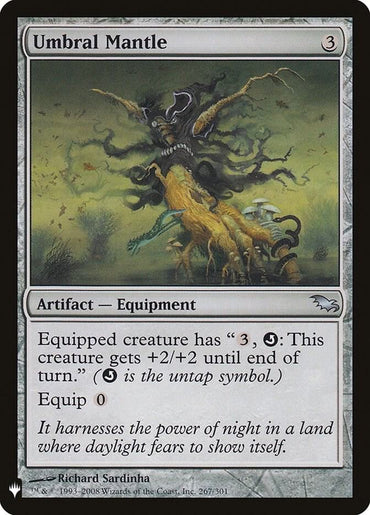 The "Umbral Mantle" card from Magic: The Gathering's "The List Reprints" features Richard Sardinha's art of a twisted tree with sword-clutching arms in a misty, desolate setting. It's an artifact equipment with abilities and includes the typical game border and symbols.