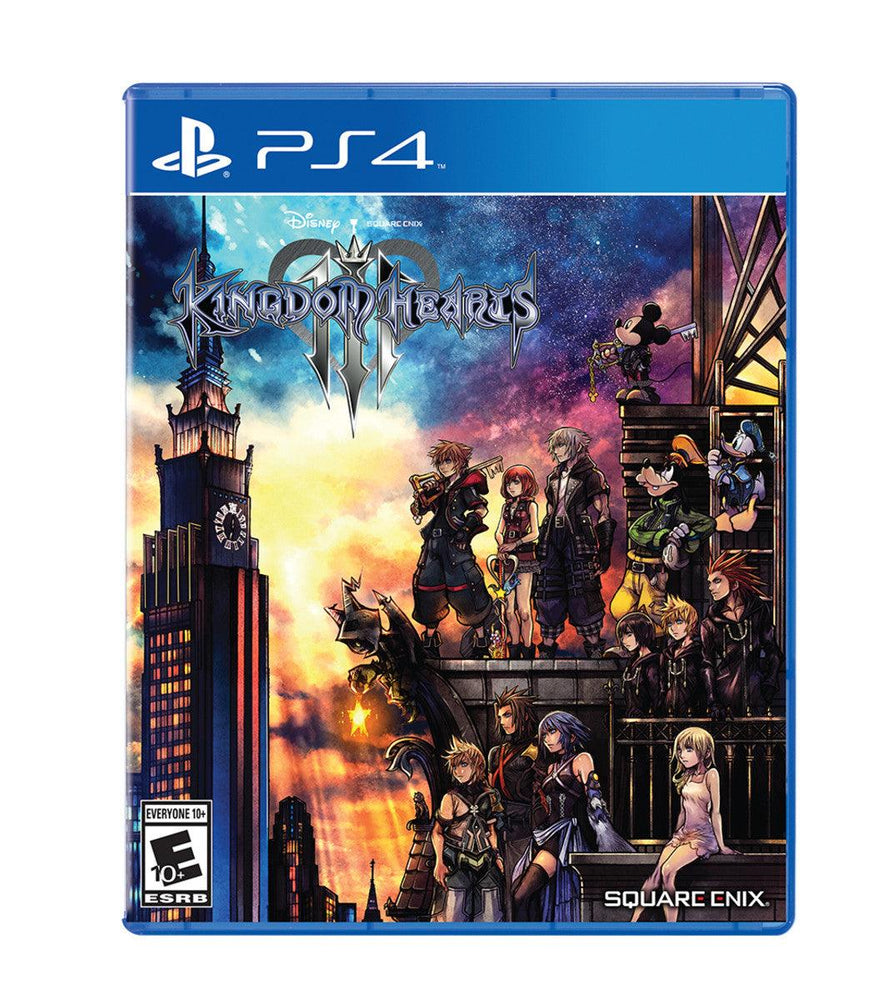 Cover of "Kingdom Hearts 3," an action RPG for PS4. Characters stand on a building against a vibrant sunset, with the game's logo at the top. Rated E10+ by ESRB and published by Square Enix. A clock tower is on the left, framed by the blue case. Brand: Everything Games.