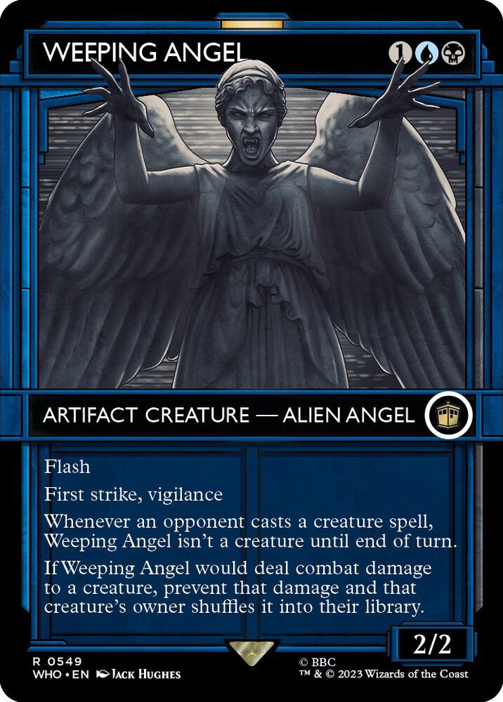 Introducing the "Weeping Angel (Showcase) [Doctor Who]," a rare Magic: The Gathering card. This artifact creature features flash, first strike, and vigilance triggered by opponent's spells. Illustrated by Jack Hughes, it costs one blue and two generic mana.