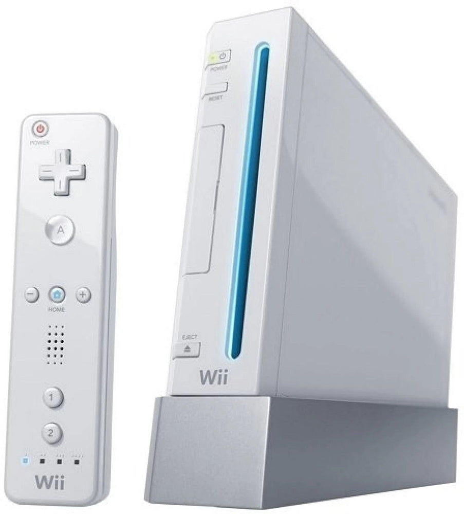 Image of a white Nintendo Wii Console (Backwards Compatible) by Nintendo, featuring a matching vertical stand and a Wii Remote. The console showcases a front-loading disc slot with an elegant blue light, along with power, reset, and eject buttons. The Wii Remote includes motion-sensing controls, a D-pad, A button, Home button, speaker, and additional control buttons for an immersive gaming experience.