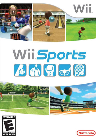 Cover of "Wii Sports" by Everything Games: features boxing, bowling, golf, baseball, and tennis. Dynamic motion controls in this classic. Top has Wii logo; center displays "Wii Sports" with sport icons; bottom shows Nintendo logo and "Everyone" ESRB rating.