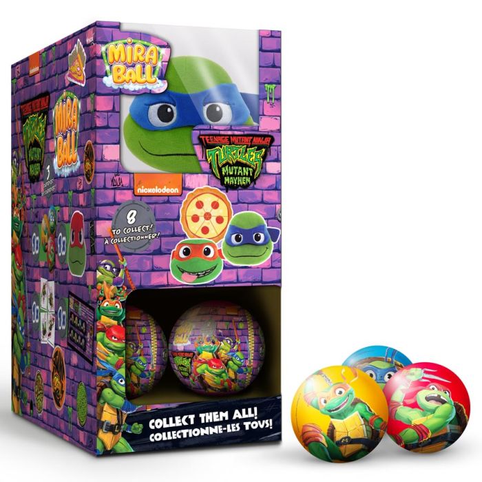 A vibrant display box features the Wyncor Miraball: Teenage Mutant Ninja Turtles toys themed around "Mutant Mayhem." The box is decorated with images of the four iconic turtles. Outside the box, three collectible Mira Balls are showcased, each representing a different turtle character. Text on the packaging encourages collecting all six toys.