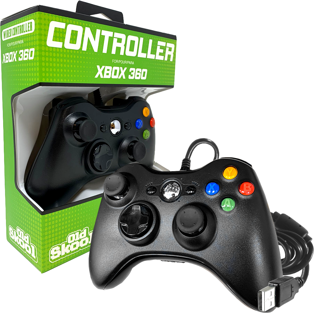 A Wired USB Controller for PC & Xbox 360 by Old Skool, featuring a black design with colored buttons—green, red, blue, and yellow—is pictured next to a partially open green and white 