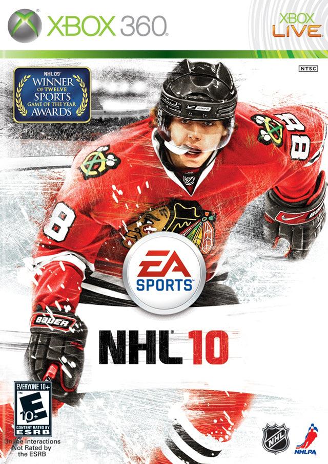 The Everything Games' NHL 10 cover for Xbox 360 features a hockey player in a red Chicago Blackhawks jersey, number 88, on ice. The EA Sports logo is prominent above 