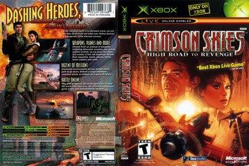 The cover art for "Crimson Skies" by Everything Games depicts aerial combat against a fiery sky with two protagonists and dynamic airplanes. The back features screenshots and text emphasizing the action-adventure theme, with prominent Xbox and Microsoft logos.