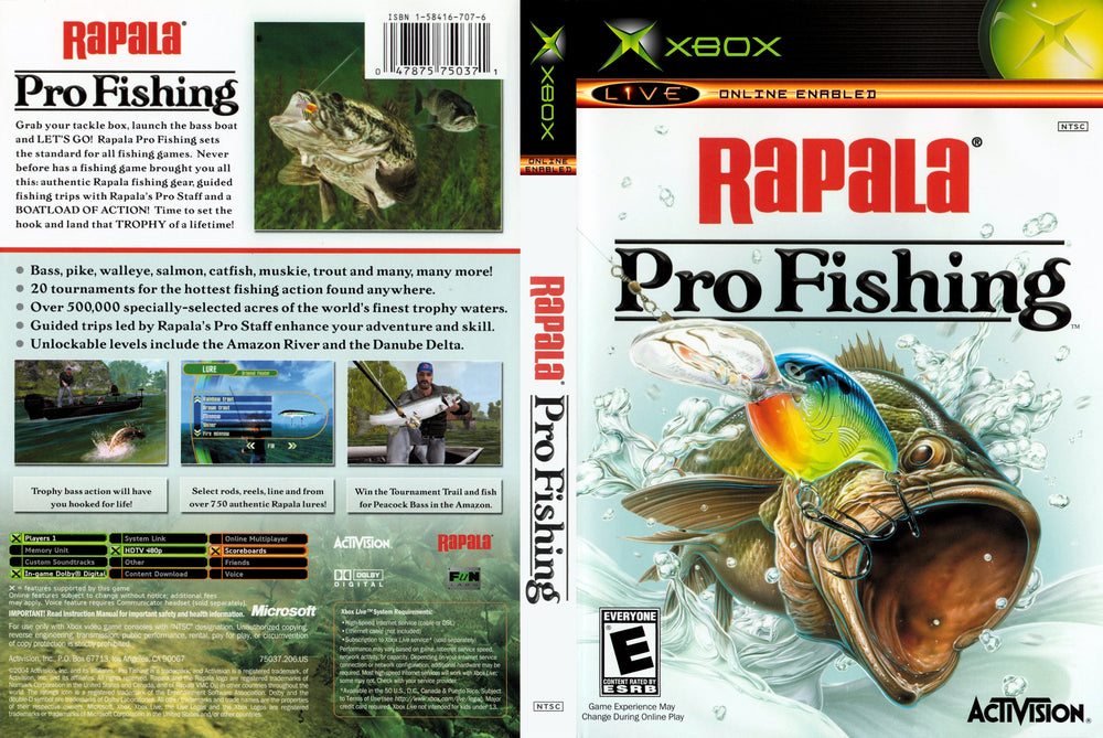 The "Rapala Pro Fishing" Xbox cover by Activision features a fish jumping to catch a lure with Rapala gear, with the title displayed prominently. The back cover highlights game features, includes screenshots, and displays Activision's logo alongside partner logos.