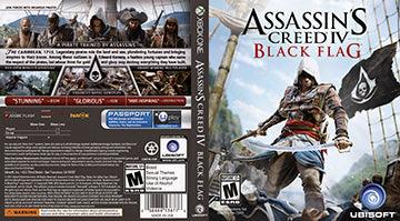 The cover of "Assassin's Creed IV Black Flag" from Everything Games features a hooded pirate with a sword and flag, embodying an exciting pirate adventure against stormy seas. The title crowns the scene, while the back presents game details, images, and logos for Xbox One.