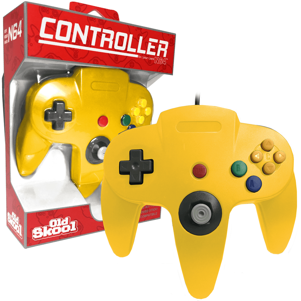 The Old Skool Yellow N64 controller features a central joystick, D-pad, and colorful buttons on a yellow body with three handles. Its red and white packaging prominently displays the controller through a clear plastic window.