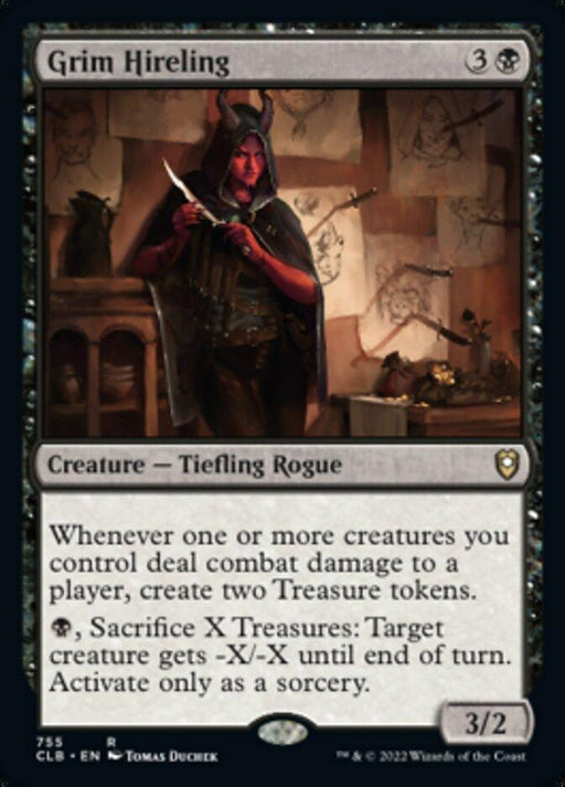 A Magic: The Gathering trading card titled Grim Hireling [Commander Legends: Battle for Baldur's Gate] displays artwork of a Tiefling Rogue holding a dagger, with treasure chests in the background. The card costs 3 generic and 1 black mana, has power/toughness 3/2, and features abilities related to creating and using Treasure tokens.