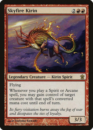 The Magic: The Gathering card "Skyfire Kirin" from the Saviors of Kamigawa features a legendary creature with a lion-like body and fiery mane, soaring through a red sky. With a mana cost of 2RR and 3/3 stats, its abilities trigger with Spirit or Arcane spells.