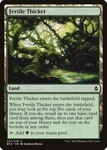 A Magic: The Gathering card from the Battle for Zendikar set named "Fertile Thicket." This green-bordered land card, illustrated by Andreas Rocha, depicts a lush forest with twisted trees. When it enters the battlefield tapped, it allows the player to reveal and rearrange the top five cards of their library, adding a basic land to their hand.