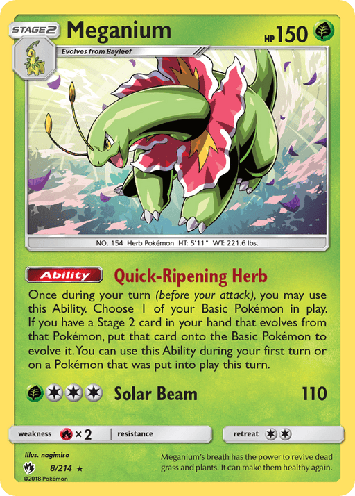 A **Pokémon** trading card of **Meganium (8/214) [Sun & Moon: Lost Thunder]**. This Holo Rare Grass type has a green body and a flower around its neck. It evolves from Bayleef, labeled Stage 2 and Herb Pokémon, with 150 HP. Its abilities include "Quick-Ripening Herb" and "Solar Beam" causing 110 damage. The card number is 8/214.