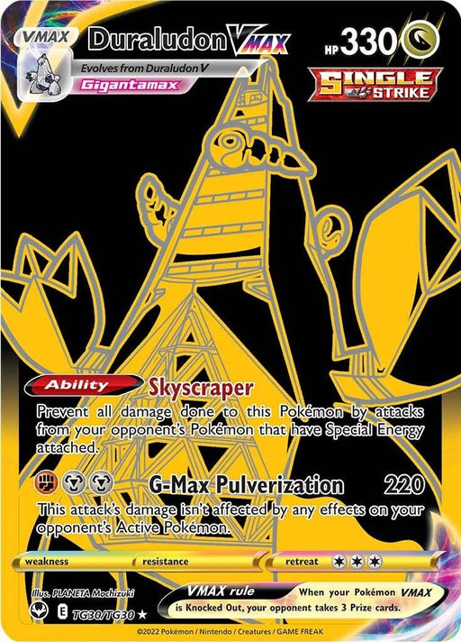A Secret Rare Pokémon card from the Sword & Shield series featuring Duraludon VMAX (TG30/TG30) [Sword & Shield: Silver Tempest]. The card boasts a gold and black color scheme, showing Duraludon in its Gigantamax form with 330 HP. It’s a Single Strike card with the "Skyscraper" ability and "G-Max Pulverization" attack, dealing 220 damage. The retreat cost is three energy.