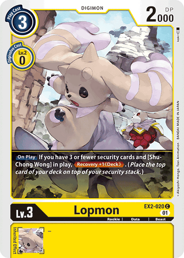 The image features the Digimon card Lopmon [EX2-020] [Digital Hazard], highlighting Lopmon with its large ears and playful expression against a dynamic background. This card, part of the Digimon lineup, displays stats including a play cost of 3, 2000 DP, and a Digivolve cost of 0, along with special abilities and Digital Hazard effects.