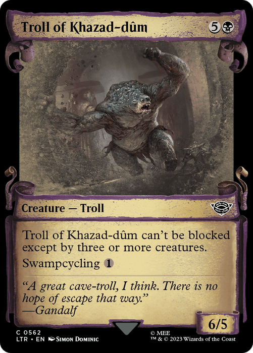 A Magic: The Gathering card titled "Troll of Khazad-dum [The Lord of the Rings: Tales of Middle-Earth Showcase Scrolls]." This Creature — Troll depicts a menacing troll emerging from a cave, with tattered clothing and wielding a large stone. The card costs 5 generic mana and 1 black mana. It has 6 power, 5 toughness, and abilities including being unblockable except by three or more creatures and Sw