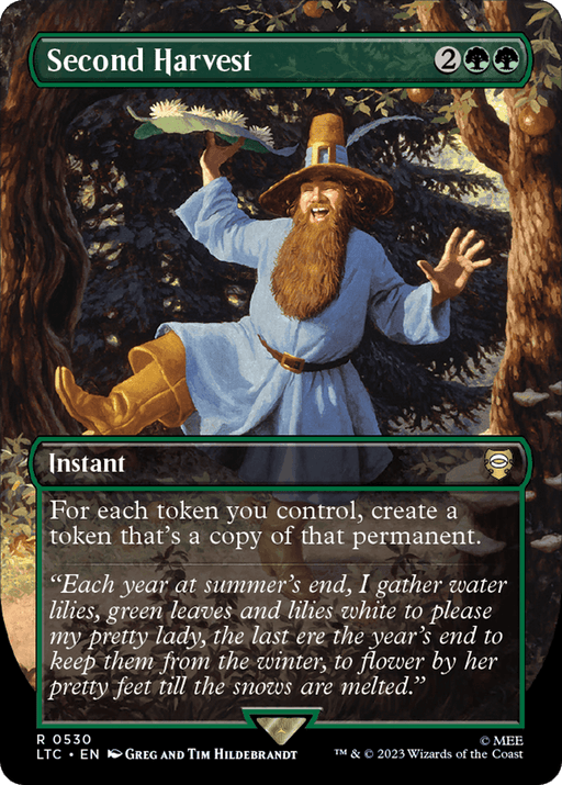 The image is of a Magic: The Gathering card titled "Second Harvest (Borderless) [The Lord of the Rings: Tales of Middle-Earth Commander]," which seems like it could be plucked from the Tales of Middle-Earth. It depicts a joyful, bearded man in a blue and yellow robe, wearing a wide-brimmed hat, standing in a lush, green forest with raised arms as though casting a spell. The card's text explains its gameplay effect.