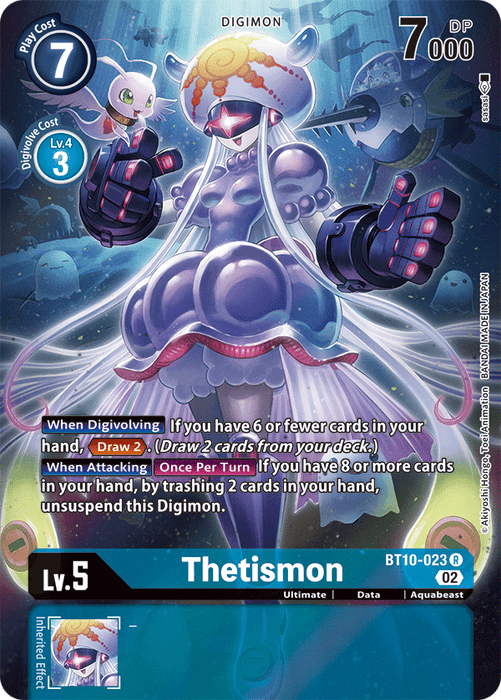 A Digimon card featuring Thetismon [BT10-023] (Alternate Art) [Xros Encounter], an Ultimate-level Digimon. The card displays stats: 7 play cost, 7,000 DP, and level 5. The artwork shows a purple, aquatic-themed Digimon with tentacles and a jellyfish-like appearance. Part of the Xros Encounter set, the card includes effects related to drawing and trashing cards.