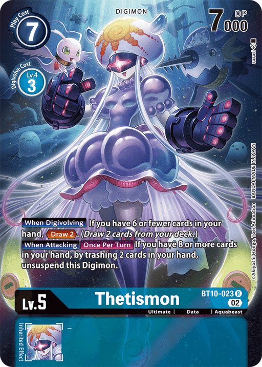 A Digimon card featuring Thetismon [BT10-023] (Alternate Art) [Xros Encounter], an Ultimate-level Digimon. The card displays stats: 7 play cost, 7,000 DP, and level 5. The artwork shows a purple, aquatic-themed Digimon with tentacles and a jellyfish-like appearance. Part of the Xros Encounter set, the card includes effects related to drawing and trashing cards.