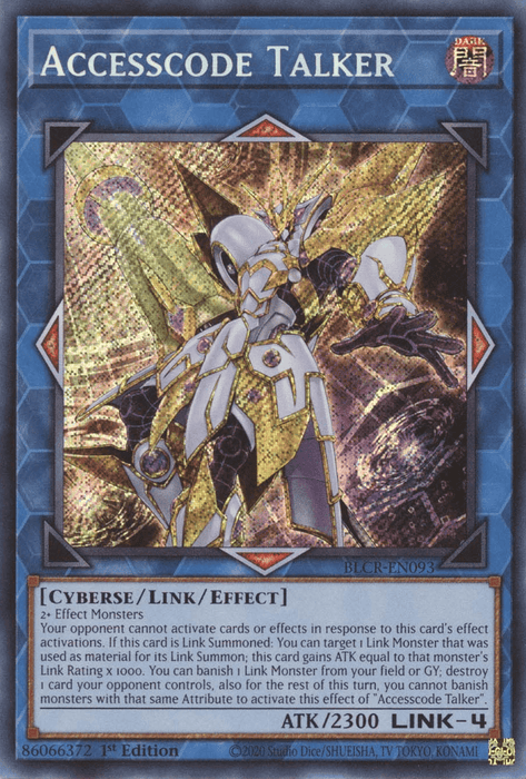 The image shows an "Accesscode Talker [BLCR-EN093] Secret Rare" Yu-Gi-Oh! trading card. The card features a robotic figure with metallic armor and a weapon. The background is a rainbow-colored holographic pattern. This 1st Edition Link/Effect Monster boasts 2300 attack points.