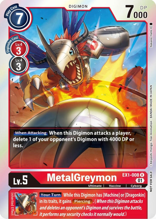 A Digimon trading card features MetalGreymon [EX1-008] (Premium Deck Set Lucky Pack) [Classic Collection Promos], a dinosaur-like cyborg creature with metallic armor and a missile pod on its chest. Part of the Classic Collection Promos, it has a blue play cost of 7, Digivolution costs of 3 from level 4, and a DP of 7000. It includes rules like deleting opponent's Digimon when attacking.