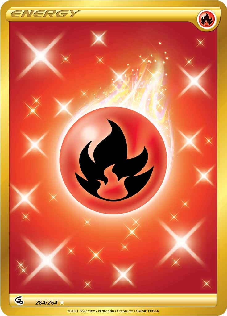 Here's a revised version of the sentence incorporating the given product data:

The Fire Energy (284/264) card from the Pokémon Sword & Shield: Fusion Strike series is a Secret Rare. It features a fiery red background with glowing sparkles, centered around a red orb displaying a black flame symbol that emits brilliant flame and spark effects. The word 