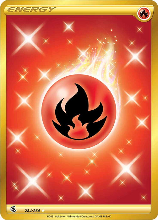 Here's a revised version of the sentence incorporating the given product data:

The Fire Energy (284/264) card from the Pokémon Sword & Shield: Fusion Strike series is a Secret Rare. It features a fiery red background with glowing sparkles, centered around a red orb displaying a black flame symbol that emits brilliant flame and spark effects. The word "ENERGY" is prominently displayed at the top, and the unique card number "284/264" appears at the bottom left.