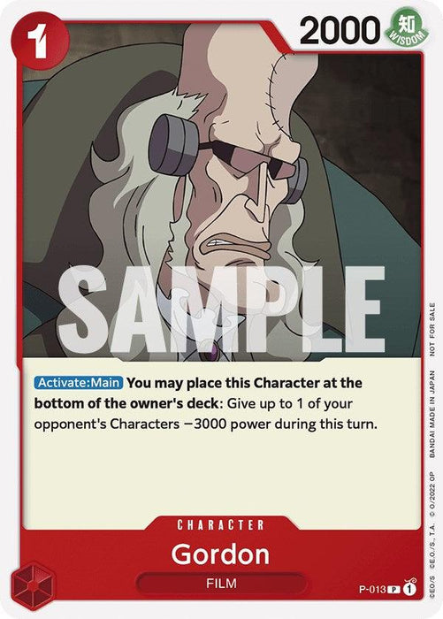 A Promo Character Card from the Bandai One Piece Promotion Cards series, P-013, features an elderly character named Gordon with long white hair and a beard against a dark background. The card displays "2000" power points and has the ability to send Gordon to the deck's bottom while reducing an opponent's character's power by 3000 for the turn.