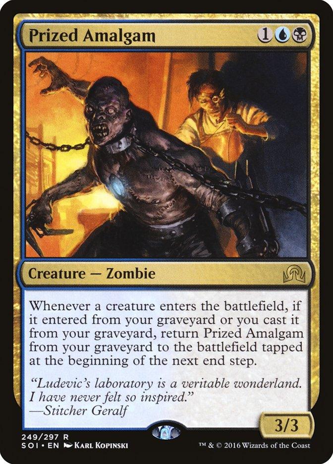 A Magic: The Gathering card named "Prized Amalgam [Shadows over Innistrad]" combines a stitched-together zombie with mechanical parts, chained against a gloomy laboratory wall. This 3/3 creature card requires 1 generic mana, 1 blue mana, and 1 black mana to play and features a unique ability along with flavor text by Stitcher Geralf.