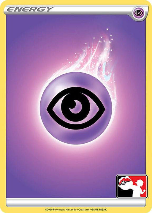 A Pokémon Psychic Energy [Prize Pack Series One] card with a yellow border and a center featuring a purple and white gradient background. It showcases a black psychic symbol within a glowing purple sphere that emits a bluish-pink flame. Part of the Prize Pack Series One, the bottom right corner displays the Pokémon Trainer logo.