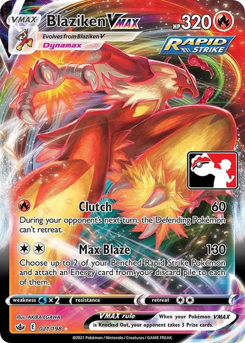 A Pokémon card featuring Blaziken VMAX (021/198) [Prize Pack Series One] from Pokémon. Blaziken is depicted as a large, fiery bird with powerful flames and a dynamic pose. This Ultra Rare card details its attacks: "Clutch" and "Max Blaze," along with its HP, 320. The vivid, colorful artwork shows it evolves from Blaziken V.