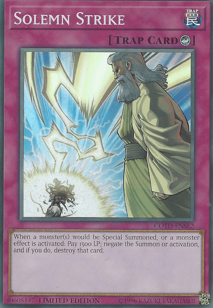 Solemn Strike [COTD-ENSE2] Super Rare by Yu-Gi-Oh! depicts a bearded, robed figure casting a spell on a smaller figure in light. The purple-bordered Counter Trap card features its powerful monster effect below the illustration.