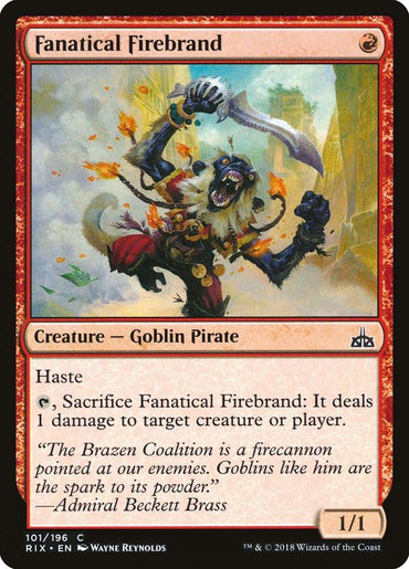 A Magic: The Gathering card, "Fanatical Firebrand [Rivals of Ixalan]," from Rivals of Ixalan showcases a frenzied goblin pirate wielding a knife and dressed in vibrant pirate garments. This red-bordered card emphasizes its abilities, which include haste and a sacrifice feature that deals 1 damage to a target.