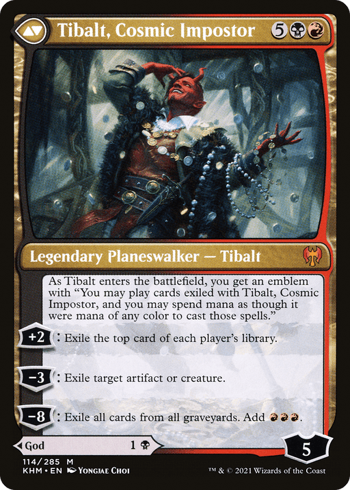 The image shows a Magic: The Gathering card named "Valki, God of Lies // Tibalt, Cosmic Impostor [Secret Lair: From Cute to Brute]," a legendary planeswalker. It depicts Tibalt, a horned figure, standing with outstretched arms amid fiery surroundings. The card details his abilities and has a black, red, and gold border, indicating its rarity and card type.