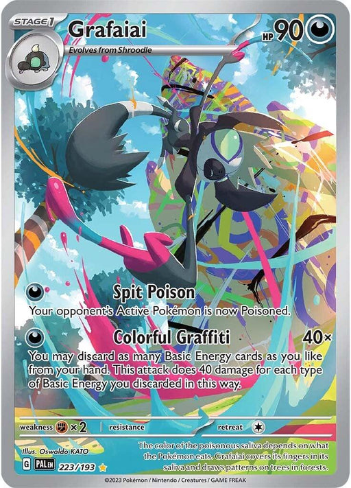 A Pokémon card for Grafaiai (223/193) [Scarlet & Violet: Paldea Evolved] from the Pokémon series. The card showcases an illustration of Grafaiai with vibrant colors and graffiti-like splashes in the background, embodying Darkness. It has 90 HP, two moves: Spit Poison and Colorful Graffiti, various stats, and a holographic background.