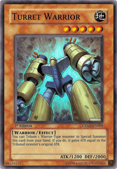 A "Yu-Gi-Oh!" card featuring the Super Rare "Turret Warrior [CRMS-EN001]." The card depicts a large robotic warrior with cannons for arms, standing in a dynamic pose. Below, its stats reveal it’s a Warrior/Effect Monster with 1200 ATK and 2000 DEF. Its effect allows it to gain ATK by sacrificing a Warrior-type monster.