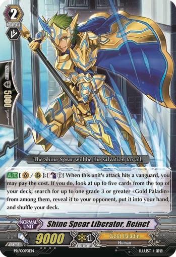 A trading card featuring "Shineear Liberator, Reinet (PR/0090EN) [Promo Cards]," a Promo Rare Grade 2 Gold Paladin Human unit with 9000 Power and 1 Critical. The artwork depicts a warrior in blue and gold armor wielding a glowing spear, ready to intercept. Detailed game abilities and flavor text are displayed on the card. This product is from Bushiroad.