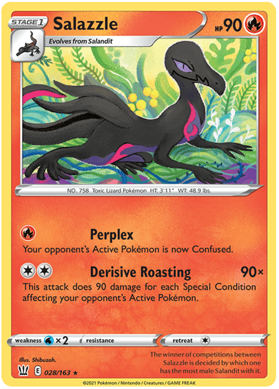 A Pokémon Salazzle (028/163) [Sword & Shield: Battle Styles] from the Pokémon series featuring Salazzle. Salazzle, an orange and black reptilian Pokémon, stands in a forest. It has 90 HP, and its moves include 