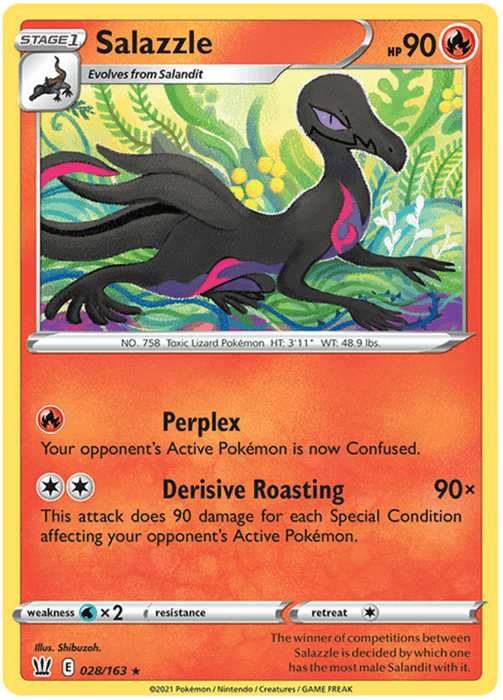 A Pokémon Salazzle (028/163) [Sword & Shield: Battle Styles] from the Pokémon series featuring Salazzle. Salazzle, an orange and black reptilian Pokémon, stands in a forest. It has 90 HP, and its moves include "Perplex" and "Derisive Roasting." The card details its evolution from Salandit, its height (3'11"), weight (48.9 lbs), and weaknesses.