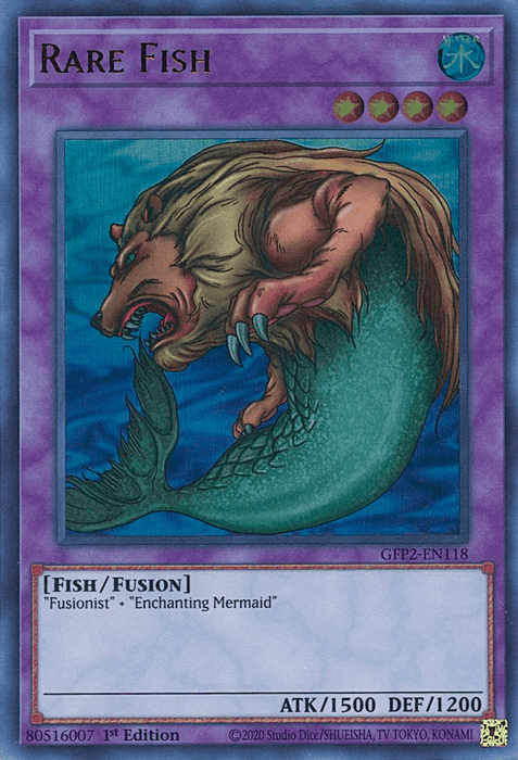 A trading card featuring "Rare Fish [GFP2-EN118] Ultra Rare," from Yu-Gi-Oh!. The image shows a creature with the upper body of a lion and the lower body of a fish against a purple backdrop. The card details include its Fish/Fusion type, 1500 ATK, and 1200 DEF, along with fusion materials: "Fusionist.