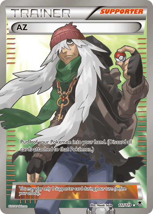 A Pokémon AZ (117/119) [XY: Phantom Forces] card from the Pokémon set featuring AZ as an Ultra Rare Trainer Supporter. AZ is depicted as an elderly man with a long white beard and hair, wearing a red knit cap, a green scarf, a large brown coat, and green pants. He holds a Poké Ball and the card details his function in gameplay.