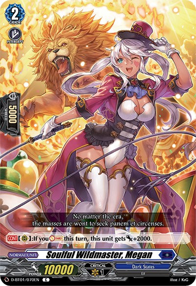 A fantasy card image titled "Soulful Wildmaster, Megan" (D-BT01/070EN) [Genesis of the Five Greats] by Bushiroad depicts a confident, silver-haired woman in a vibrant magician outfit beside a fierce lion. The card boasts 10,000 power, carries a critical score of 1, and belongs to the "Dark States" faction from the "Genesis of the Five Greats" set. The card text mentions a power boost when specific conditions are met.