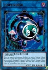 A Yu-Gi-Oh! trading card from the Maximum Gold series featuring "Linkuriboh [MAGO-EN135] Rare." The image depicts a small, dark, robotic creature with a single large, green eye and several floating appendages. The card text describes its effect and attributes, indicating it is an Effect Monster with 300 ATK and LINK -1.