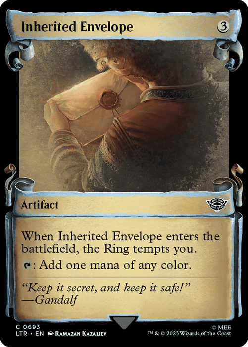 A Magic: The Gathering card titled "Inherited Envelope [The Lord of the Rings: Tales of Middle-Earth Showcase Scrolls]," illustrated by Ramazan Kazaliey. This artifact card depicts a character holding a glowing envelope with a red wax seal. Card text: "When Inherited Envelope enters the battlefield, the Ring tempts you. Tap: Add one mana of any color." Flavor text: "Keep it secret, and keep it safe!" - Gandalf from The Lord of the Rings™.

