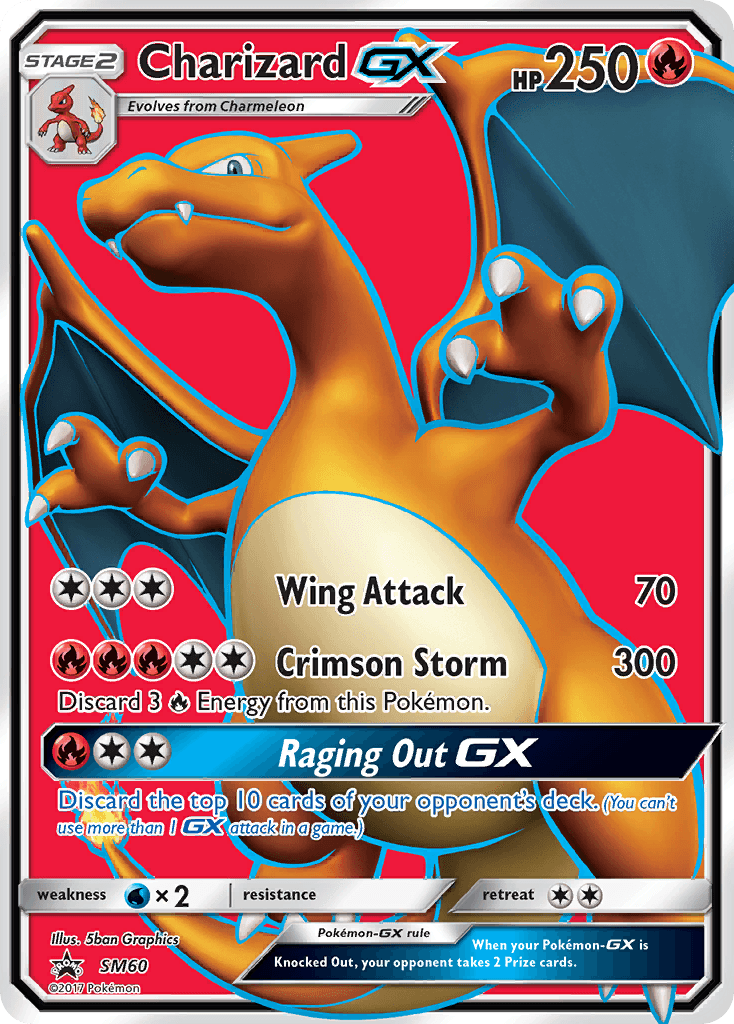 A Pokémon trading card from the Sun & Moon: Black Star Promos series features Charizard GX (SM60). This Fire Type card is elegantly crafted with a red border and silver edges, depicting Charizard soaring with its wings spread wide. It boasts 250 HP and includes attacks such as 