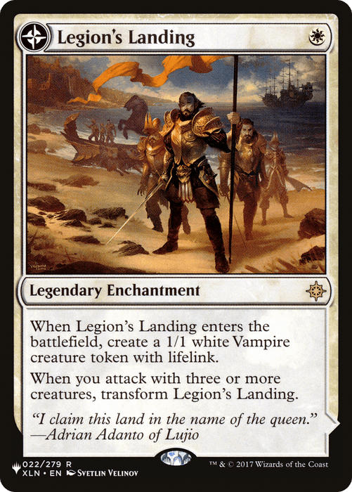 Legion's Landing // Adanto, the First Fort [Secret Lair: From Cute to Brute]" is a Magic: The Gathering card illustrated by Svetlin Velinov. This legendary enchantment depicts soldiers marching on a shore with flags and ships in the background. It details abilities, including creating a 1/1 white Vampire creature token with lifelink.